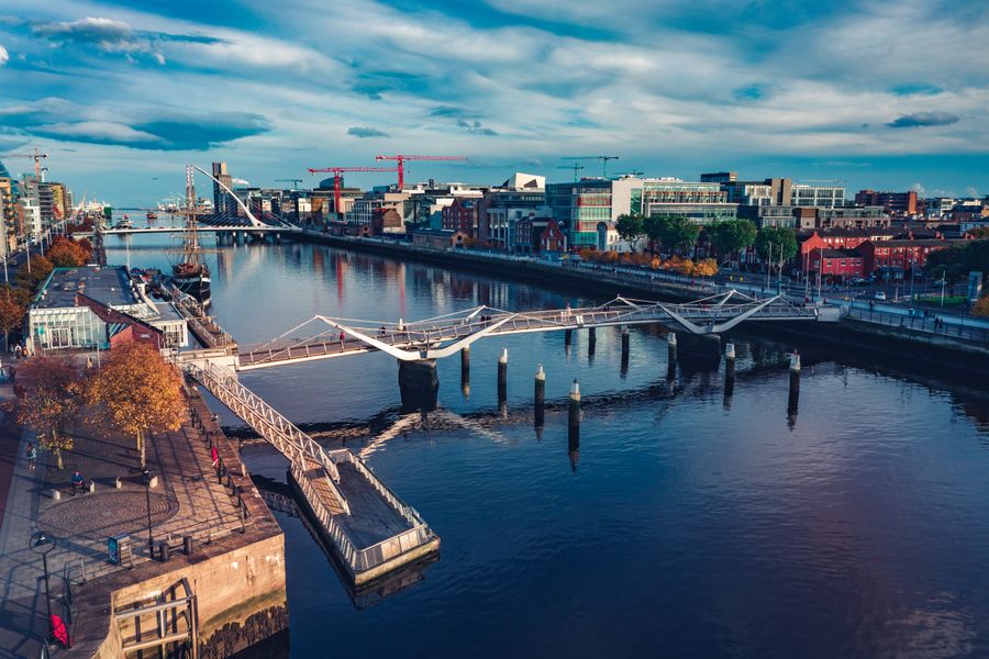 Dublin,Ireland, October 6 -2019.Aerial Dublin city view over Liffey River .Samuel Beckt and Sean O' Casey Bridge